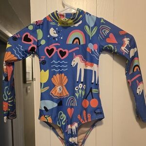 Mott50 Blue Kids Swim Rashguard with Unicorn and Rainbow Design